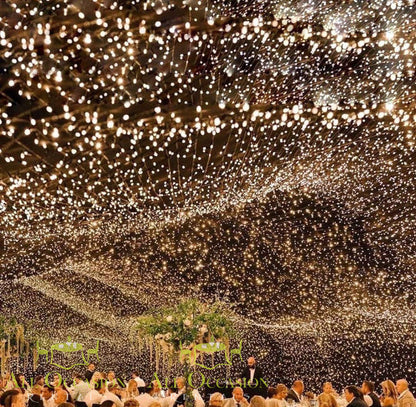 Bistro Lighting Rental 37.5ft white string lights illuminating an elegant event atmosphere.
