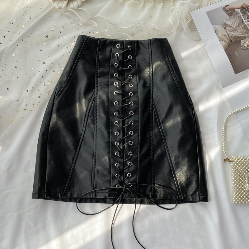 Black A line PU leather skirt S31