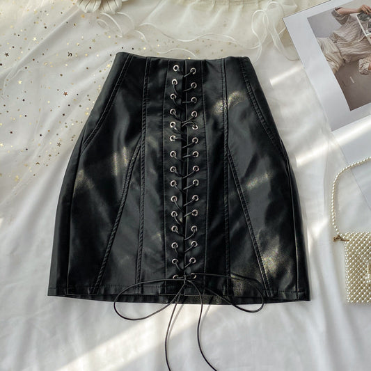 Black A line PU leather skirt S31