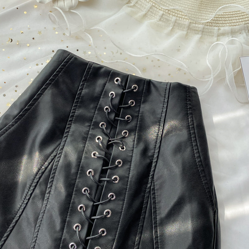 Black A line PU leather skirt S31