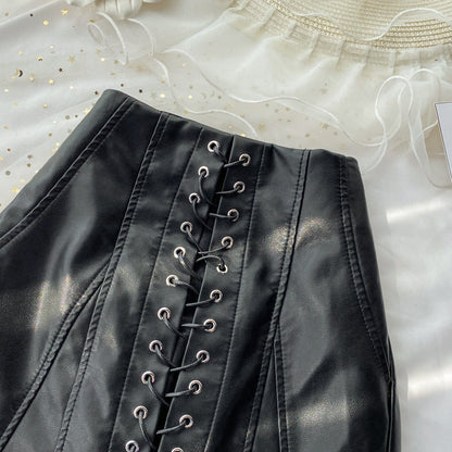 Black A line PU leather skirt S31