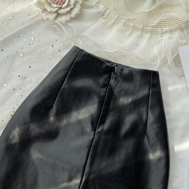 Black A line PU leather skirt S31