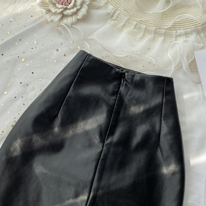 Black A line PU leather skirt S31