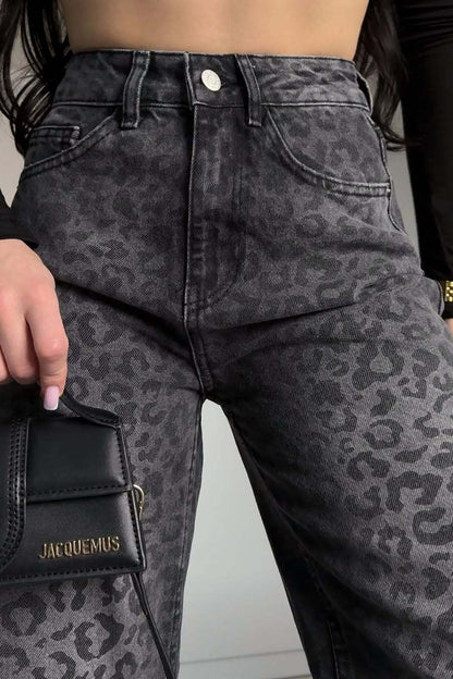 Black Grey Washed Leopard Print High Waist Jeans