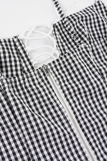 Black Plaid Tie Lace Slim Cami Top