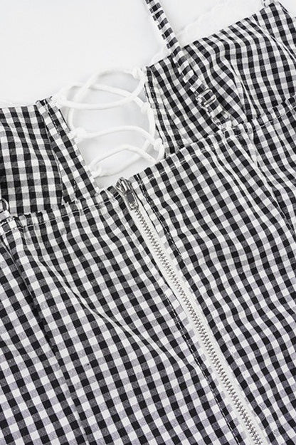 Black Plaid Tie Lace Slim Cami Top