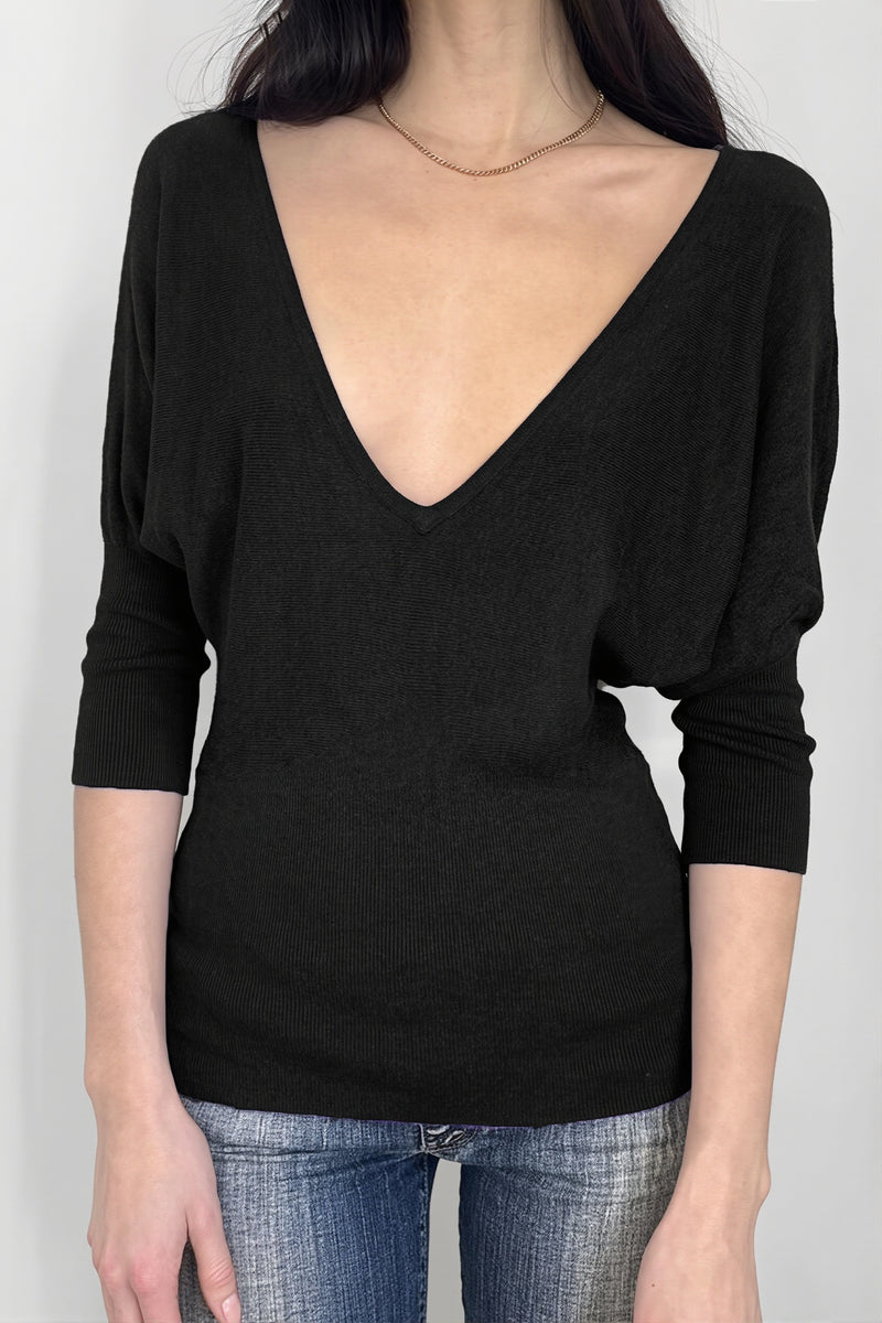 Black V Neck Slim Basic Blouse