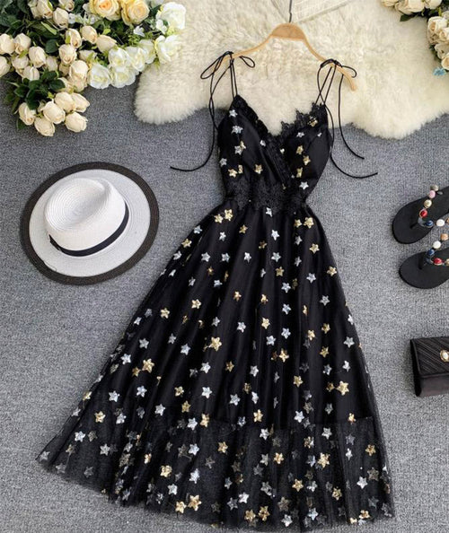 Black v neck tulle lace dress with stars sequins S16