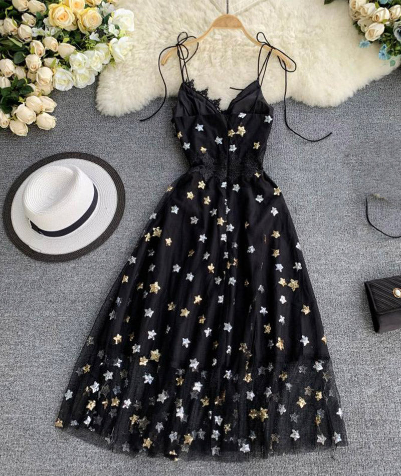 Black v neck tulle lace dress with stars sequins S16