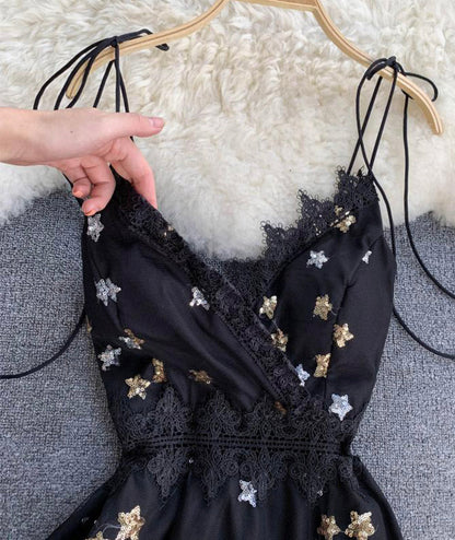 Black v neck tulle lace dress with stars sequins S16