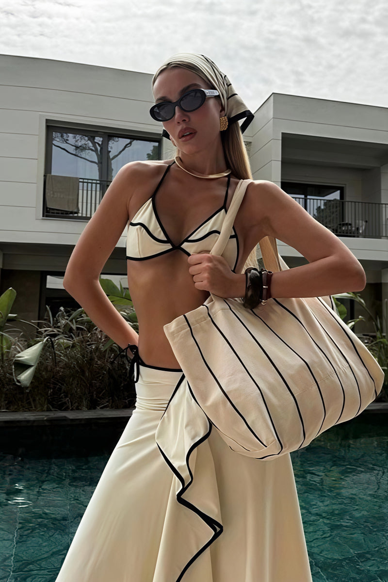 Black White Color Block Ruffle Three Piece Swim Set