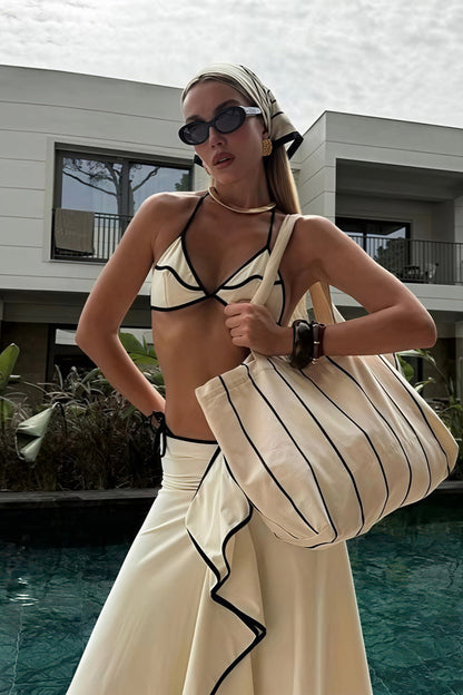 Black White Color Block Ruffle Three Piece Swim Set