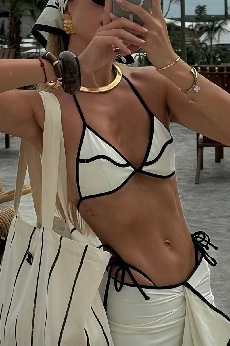 Black White Color Block Ruffle Three Piece Swim Set