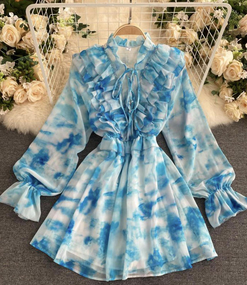 Blue A line long sleeve dress fashion dress S13