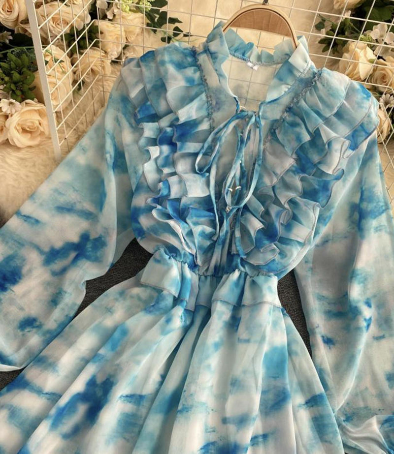 Blue A line long sleeve dress fashion dress S13