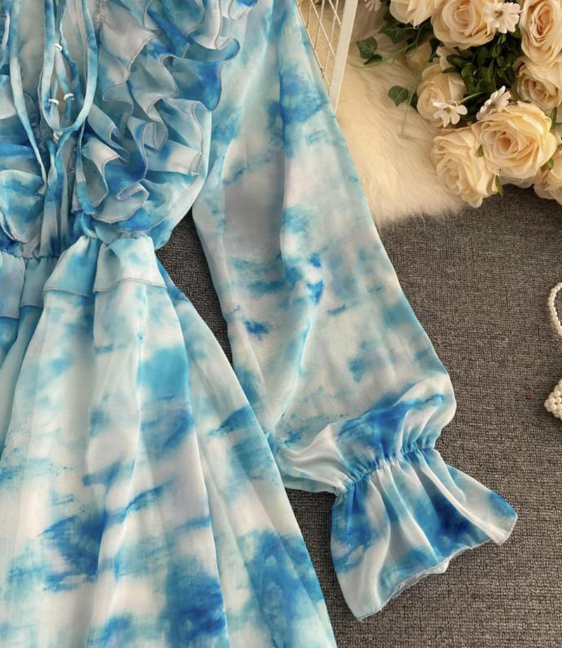 Blue A line long sleeve dress fashion dress S13