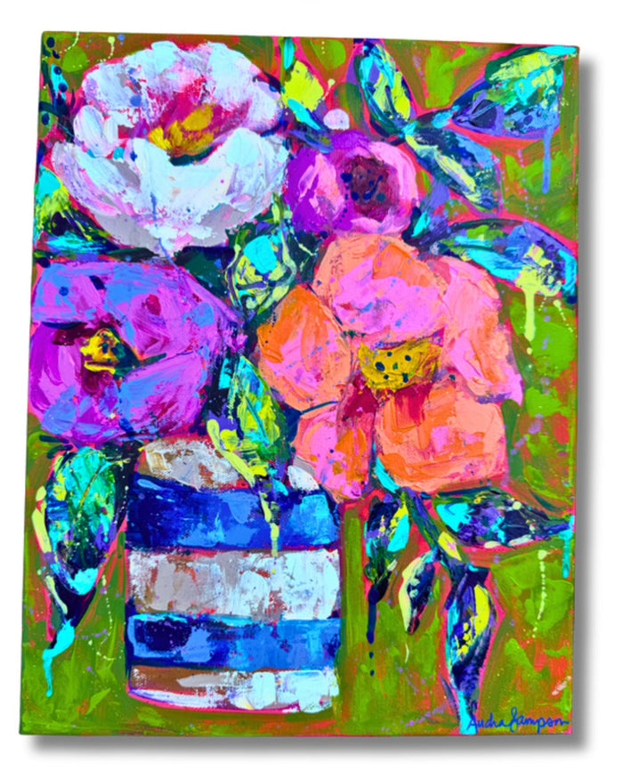 "Blue Stripe Vase Floral" Original 11x14" Painting on Gallery Wrapped Canvas