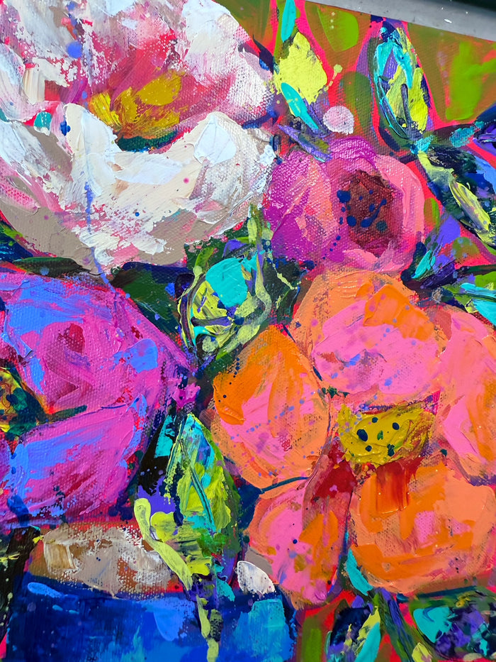 "Blue Stripe Vase Floral" Original 11x14" Painting on Gallery Wrapped Canvas