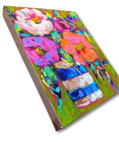 "Blue Stripe Vase Floral" Original 11x14" Painting on Gallery Wrapped Canvas