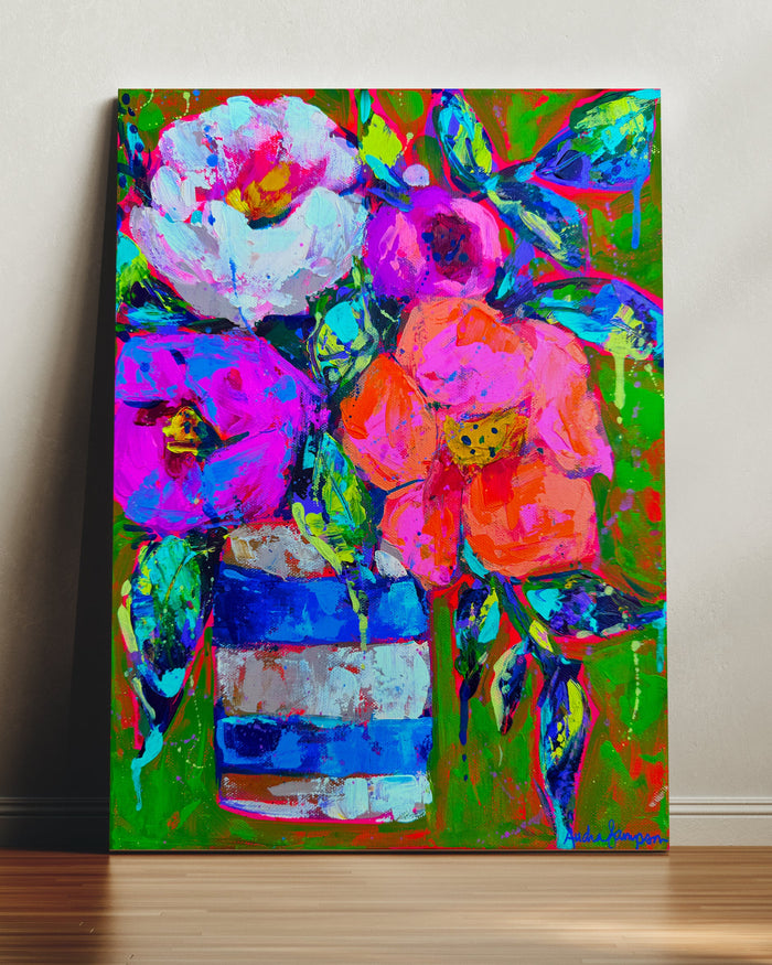 "Blue Stripe Vase Floral" Original 11x14" Painting on Gallery Wrapped Canvas