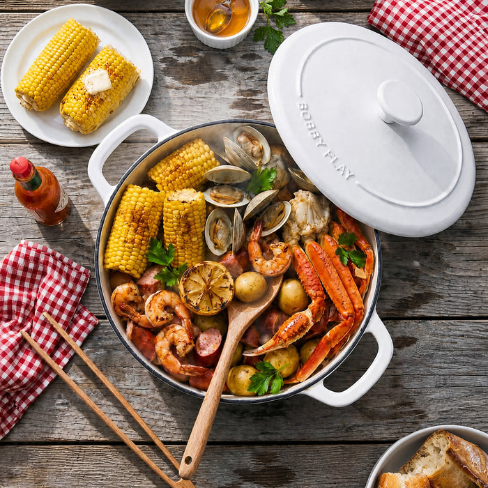 Ivory ceramic Dutch oven filled with seafood boil, placed on a rustic table next to bread.