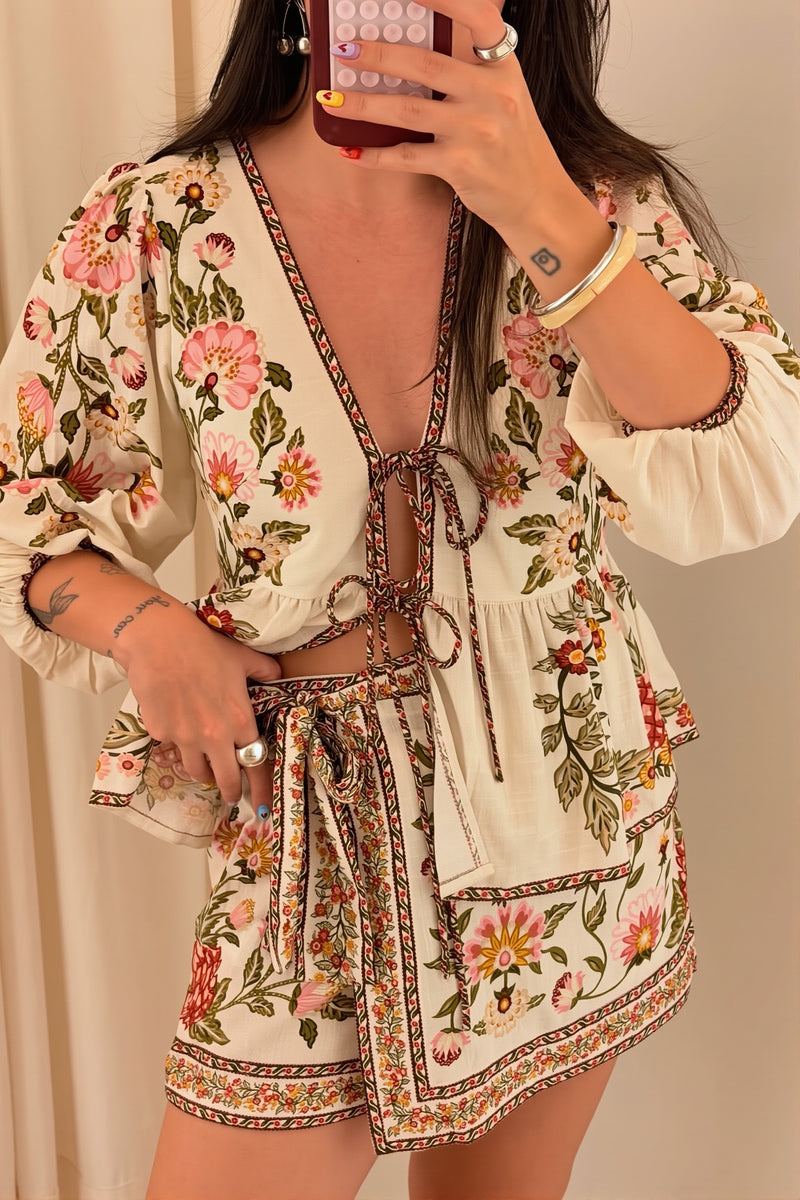 Boho Floral Linen Tie Mini Skirt Set