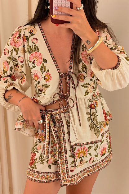 Boho Floral Linen Tie Mini Skirt Set