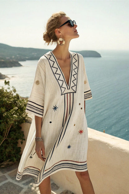 Boho V Neck Loose Print Midi Dress
