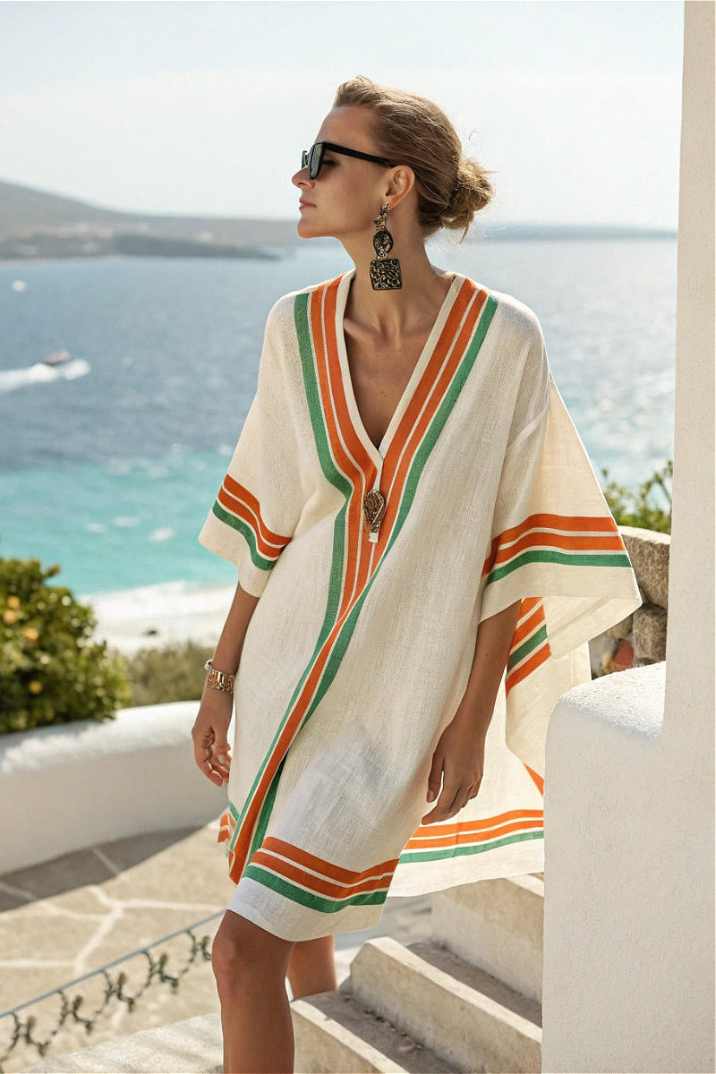 Boho V Neck Loose Print Midi Dress