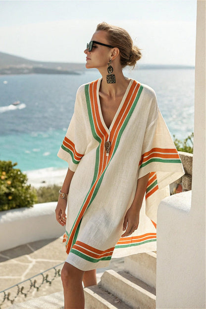 Boho V Neck Loose Print Midi Dress