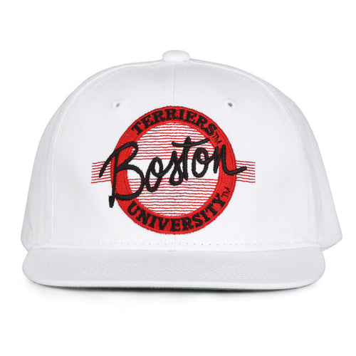 Boston Retro Circle snapback hat in white, front view
