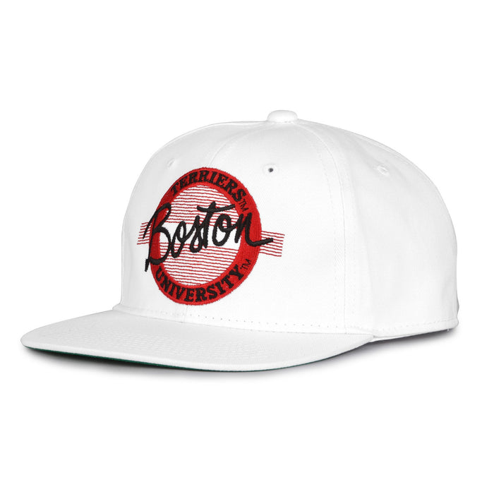 Boston Retro Circle snapback hat in white, angled view