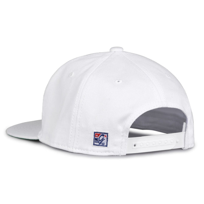 Boston Retro Circle snapback hat in white, rear view showing the adjustable snap closure