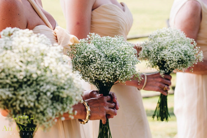 Bouquets Flowers in the hands of bridesmaids featuring gypsophila for a wedding ceremony.