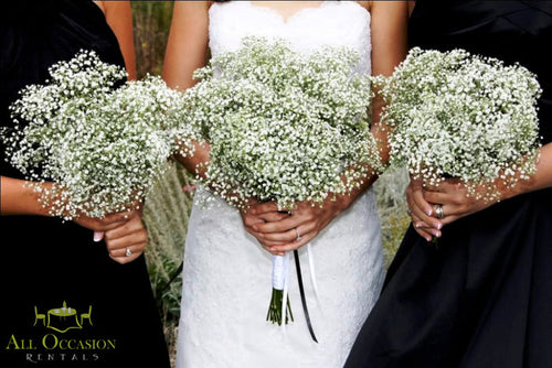 Wedding bouquets of baby breath for event rentals in Corona, perfect for bridal parties and celebrations.