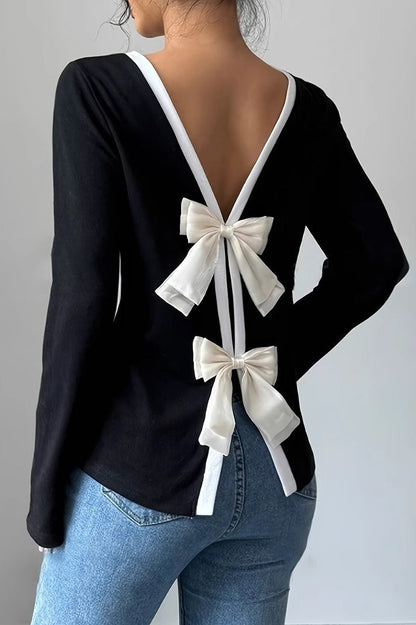 Bow Back Loose Casual Long Sleeve Tee