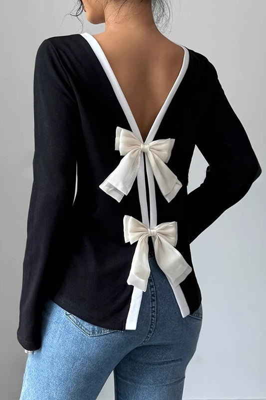 Bow Back Loose Casual Long Sleeve Tee