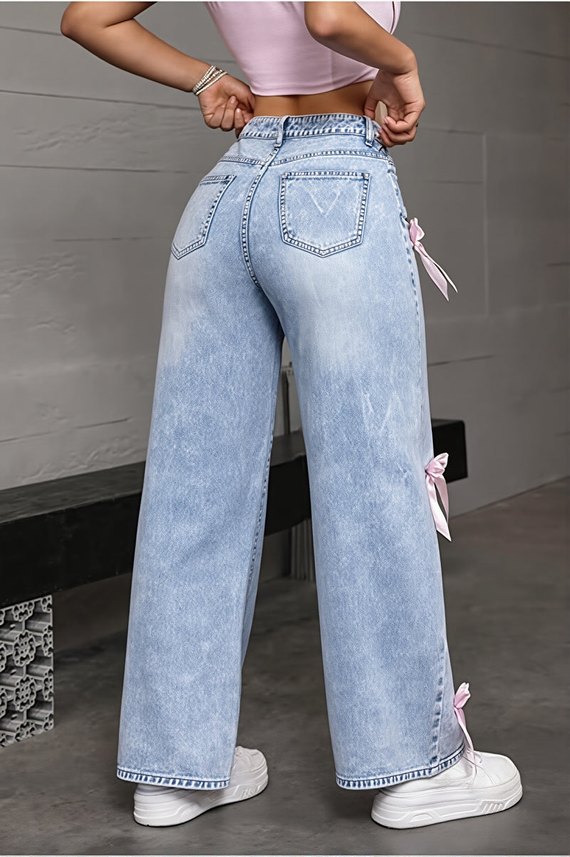 Bow Patch Washed Loose Straight Jeans