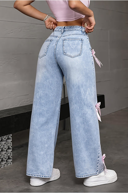 Bow Patch Washed Loose Straight Jeans