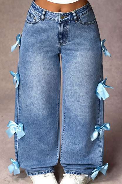 Bow Patch Washed Loose Straight Jeans