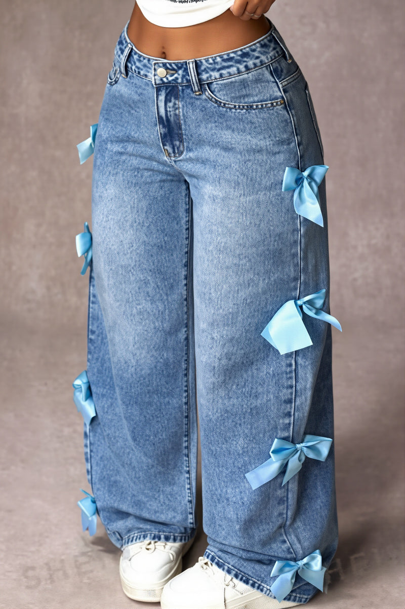 Bow Patch Washed Loose Straight Jeans