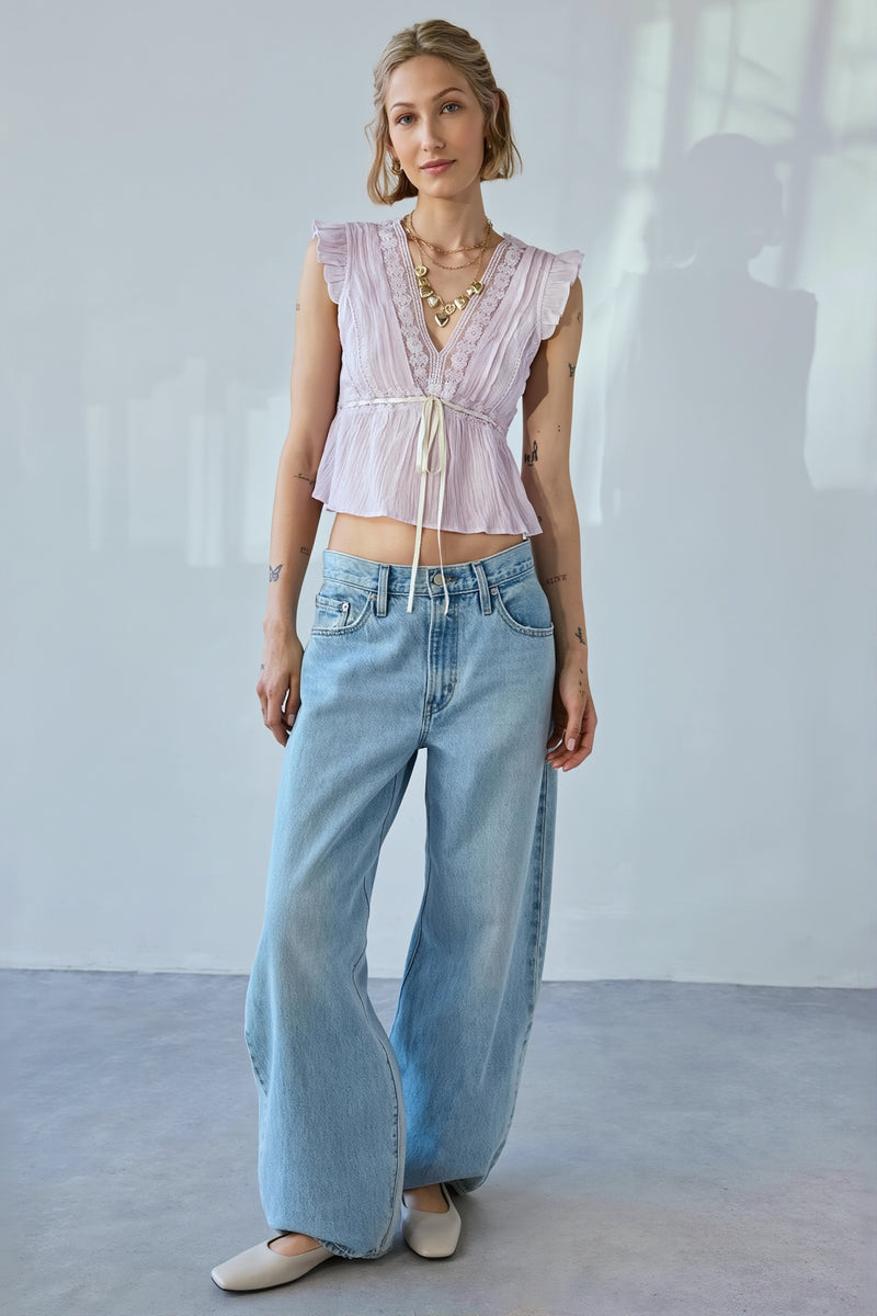 Bow Tie Lace Relaxed Ruffle Blouse