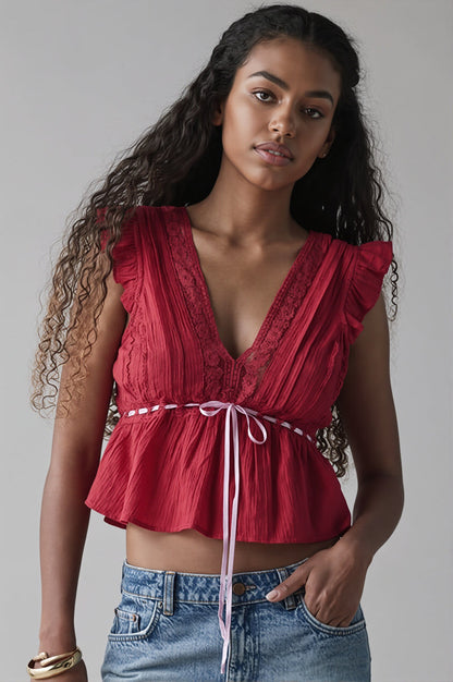 Bow Tie Lace Relaxed Ruffle Blouse