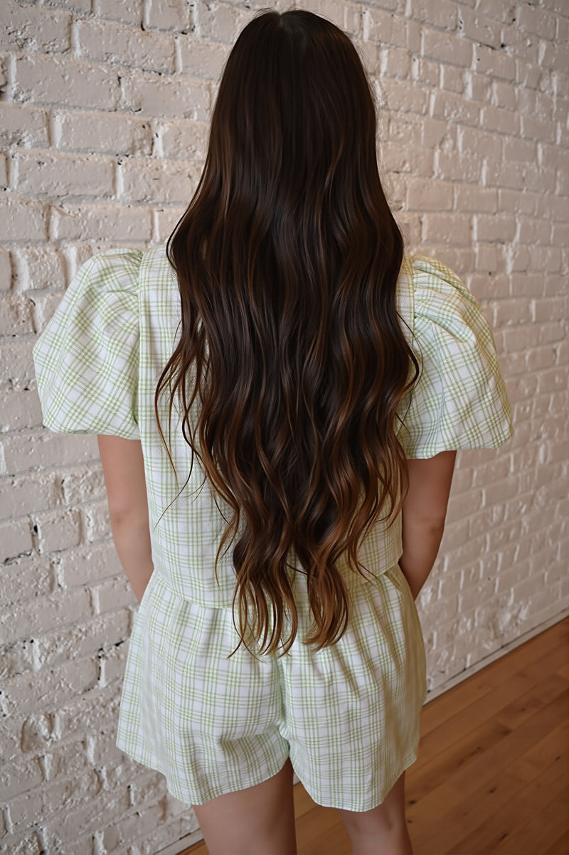 Bow Tie Puff Sleeve Plaid Two Piece Set