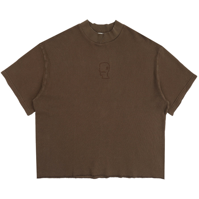 Boxy Thermal Mock Neck T-Shirt - Brown
