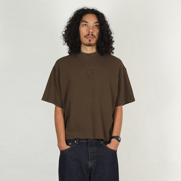 Boxy Thermal Mock Neck T-Shirt - Brown
