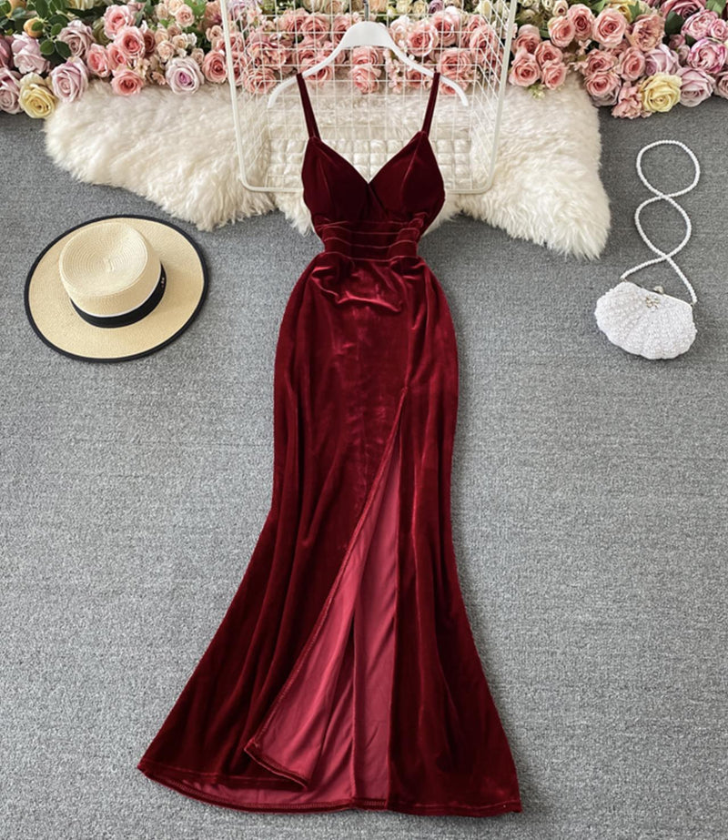 Burgundy velvet long dress S27