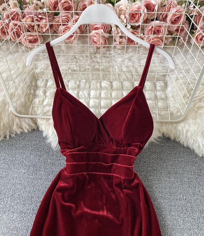 Burgundy velvet long dress S27