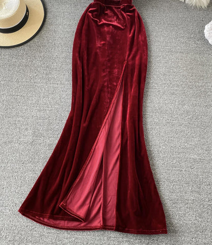 Burgundy velvet long dress S27
