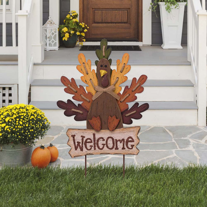 Burlap Wooden Autumn Turkey Welcome Sign or Yard Stake